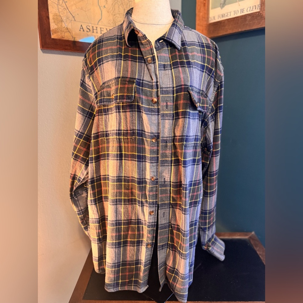 Old Navy Plaid Button-Up Shirt in Navy, Gray, Yellow and Orange